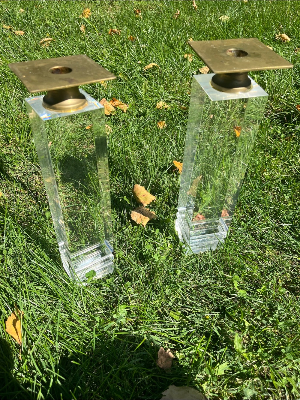 Clear lucite vtg and Brass Candle Holders - Pair